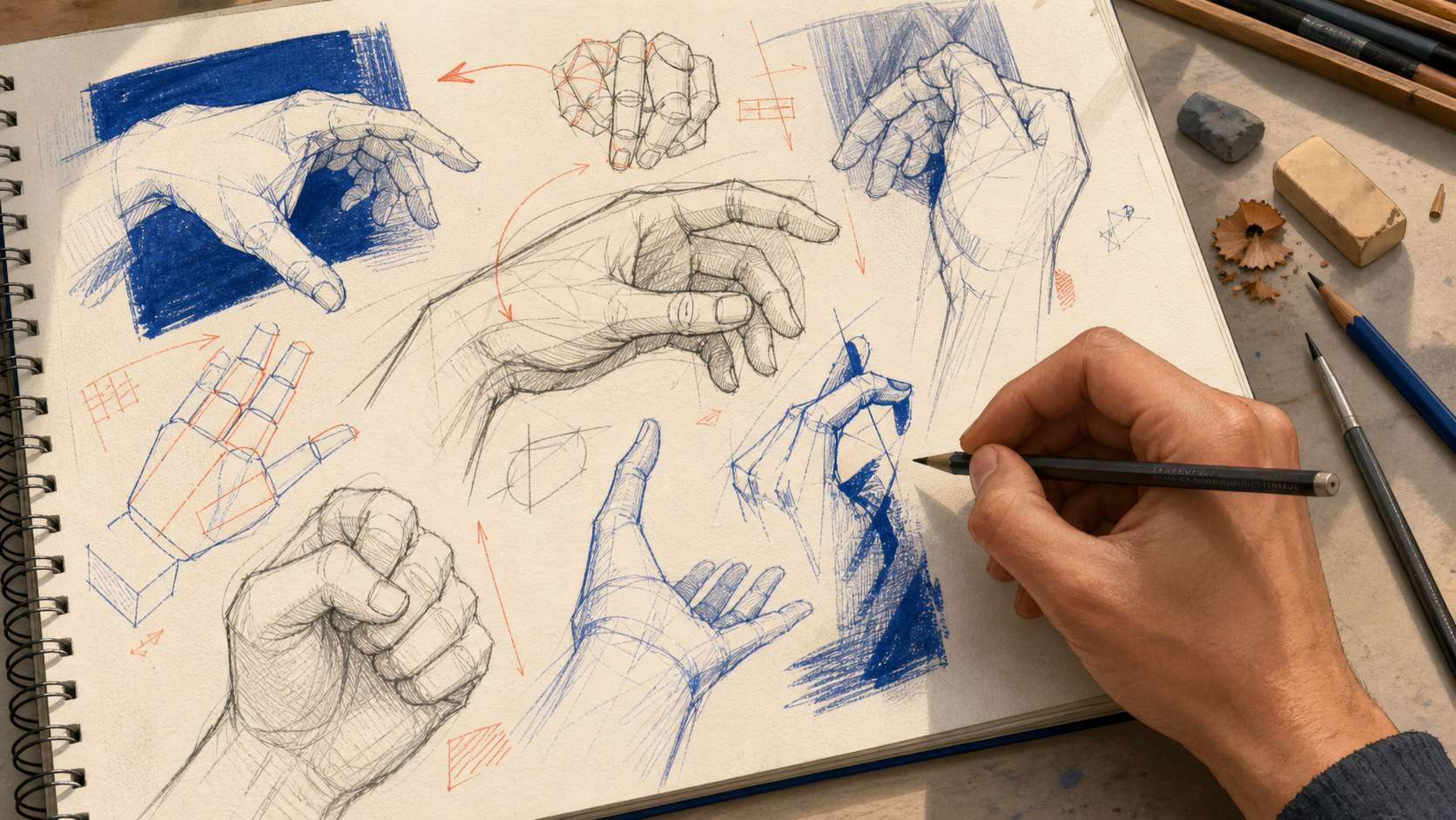 Caderno com estudos de mãos desenhadas a lápis e tinta azul