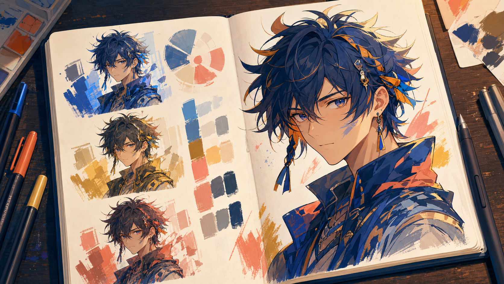Caderno com personagem original em estilo anime e diferentes estudos de cor